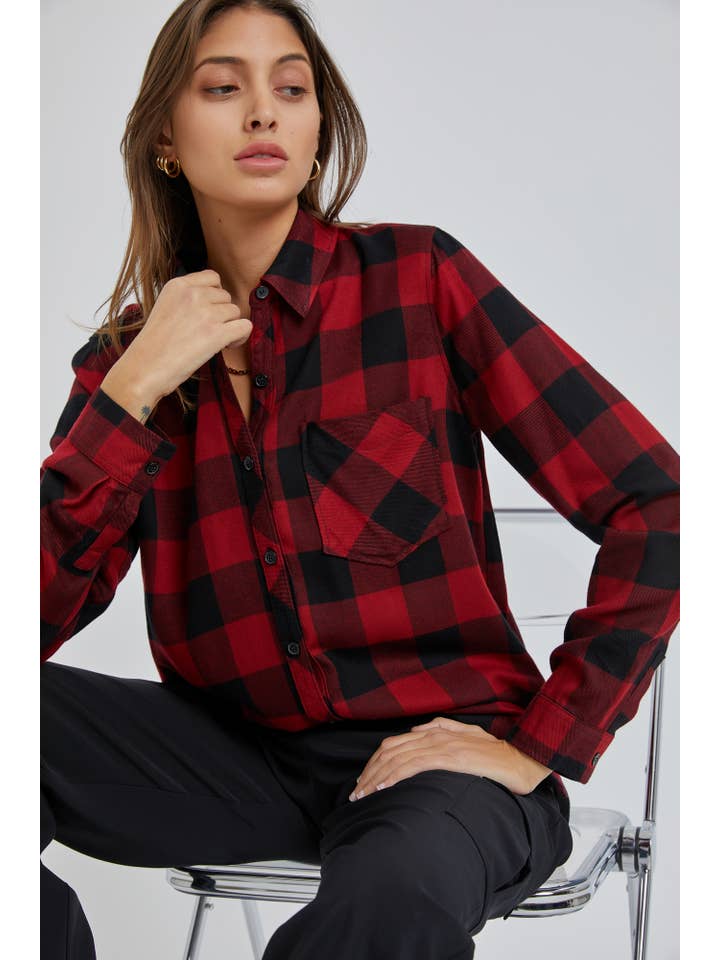 Be Cool - Wholesale Button Down Shirt - Women's - Classic Flannel Shirt With a Dark Gingham Pattern