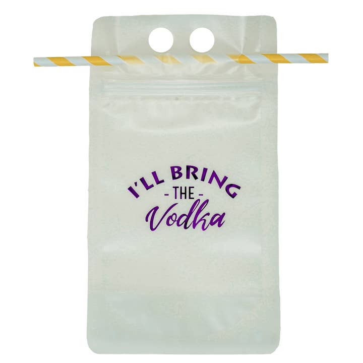 Funky Junque - Wholesale Drinking Glass/Cup - Drink Pouch with Straw - I'll Bring the Vodka (Shiny Purple)