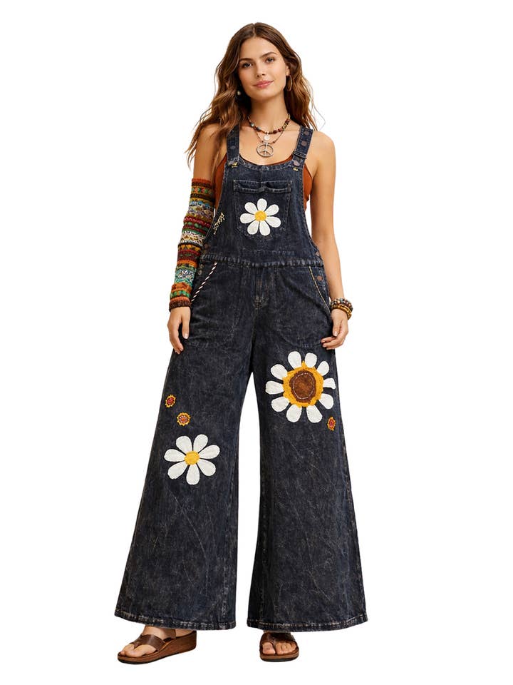 Boho Daisy Flower Embroidered Solid Cotton Hippie Overall for wholesale by The Collection Royal / Royal Handicrafts