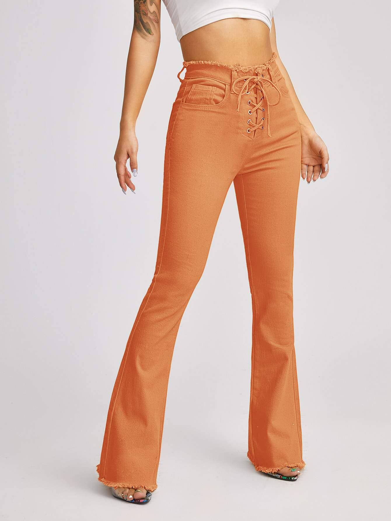 Queen Fashion - Wholesale Jeans - Women's - high waist lace up front flare leg jeans3