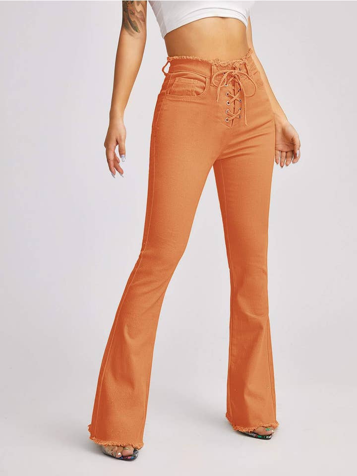 Queen Fashion - Wholesale Jeans - Women's - high waist lace up front flare leg jeans3