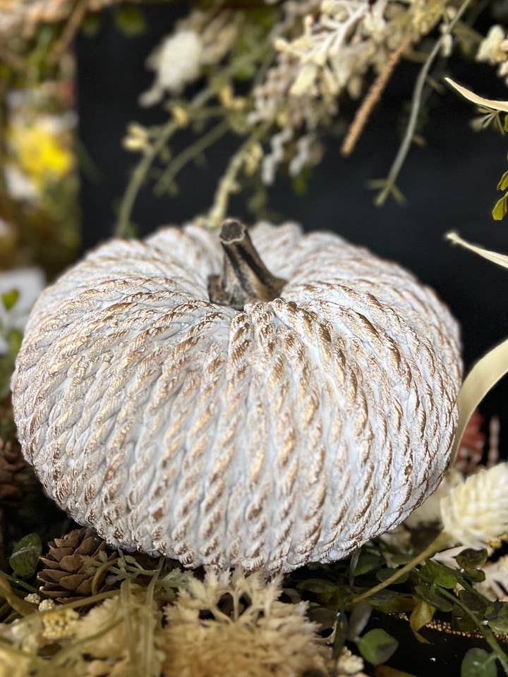 White Flat Resin Rope Pumpkin 7in for wholesale by Wholesale Home Decor