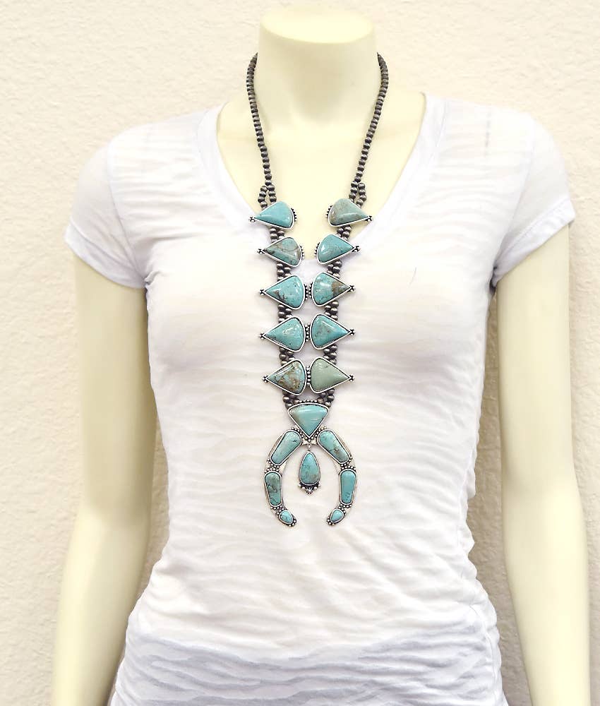 ISAC Trading Inc - Wholesale Pendant/Charm Necklace - 733168, Handmade 30" Squash Blossom Turquoise Necklace 2