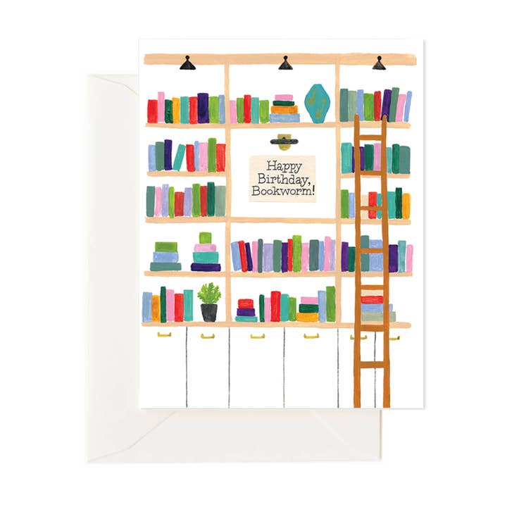 Bookworm Shelfie Card, Birthday Card for Readers (Box of 8) for wholesale by Forage Paper Co.