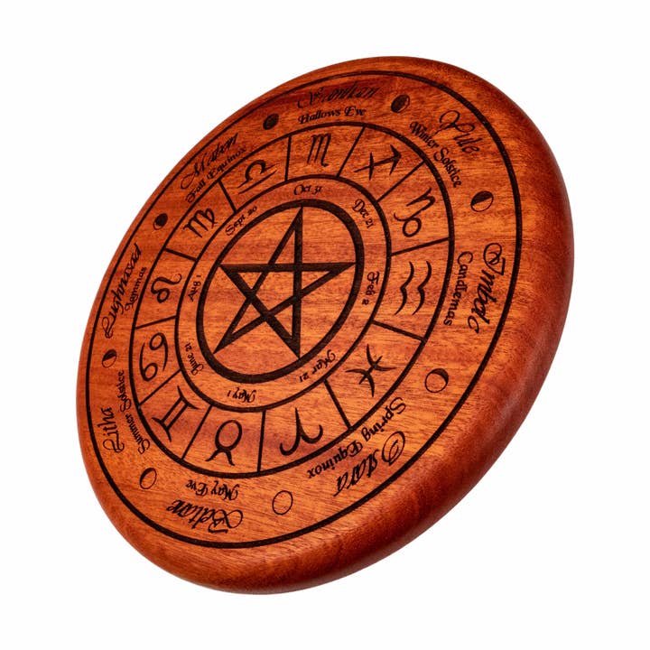 Wood Wall Art, "Wheel of the Year" Design, Mahogany Wood for wholesale by Woodland Woodworx