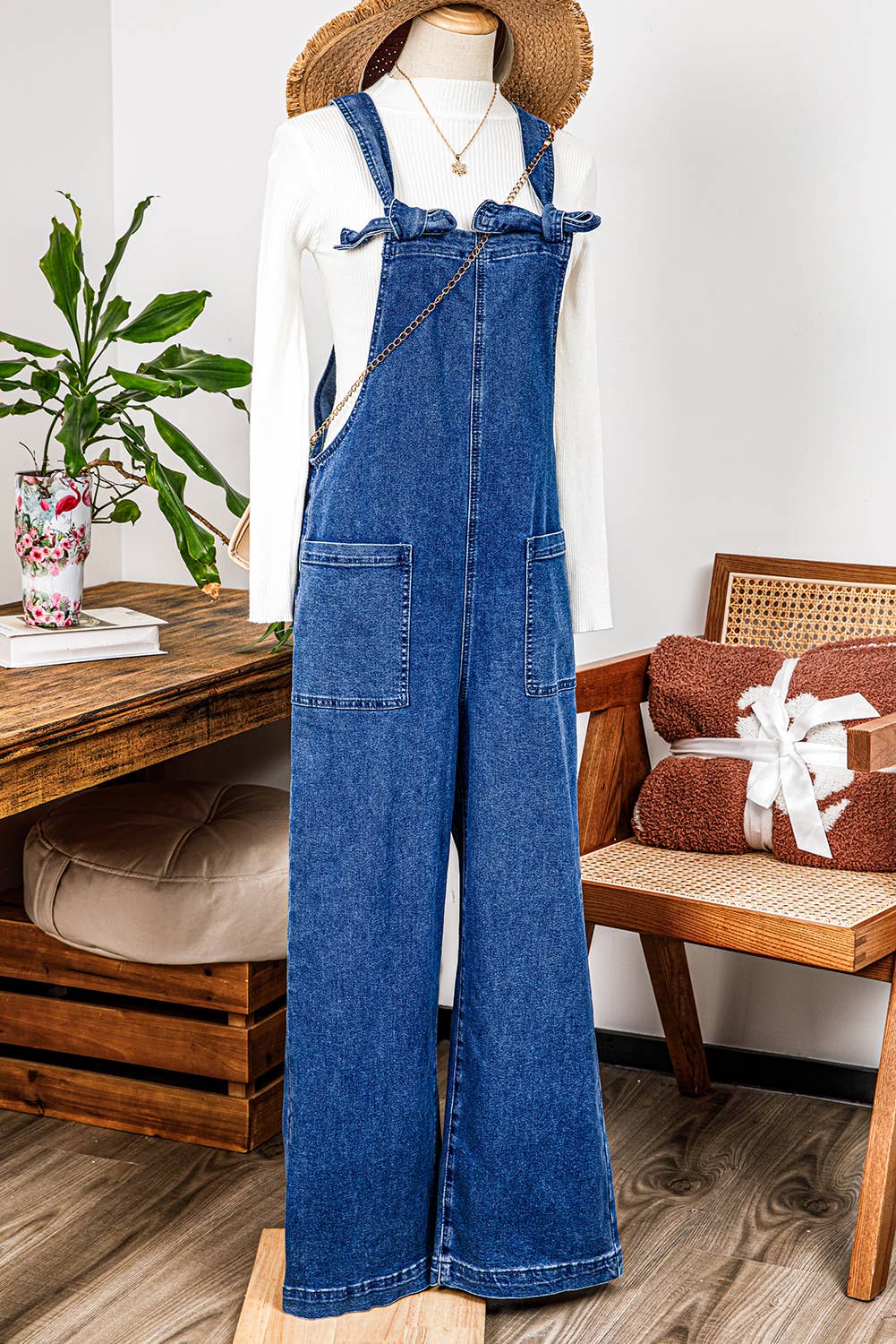 As shown Mineral Wash Knot Strap Patch Pocket Wide Leg Denim Overalls for wholesale on Faire2