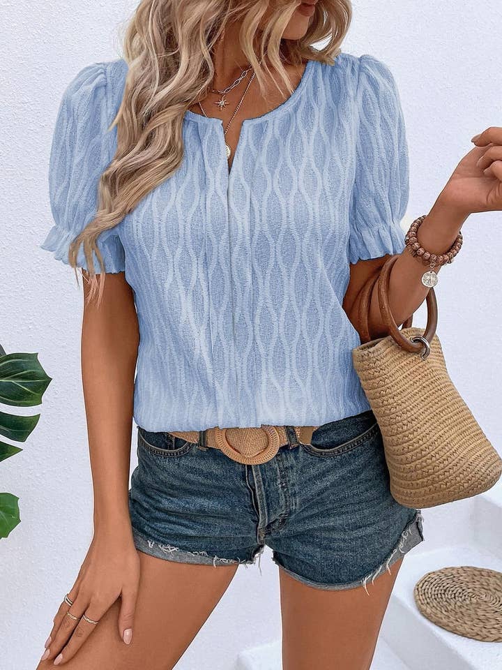 Puff Sleeve Jacquard Loose T-Shirt for wholesale by Rosa Clothing