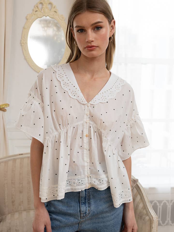 Polka Dot Eyelet Collar Blouse - RT1195 for wholesale by RAISONNEL