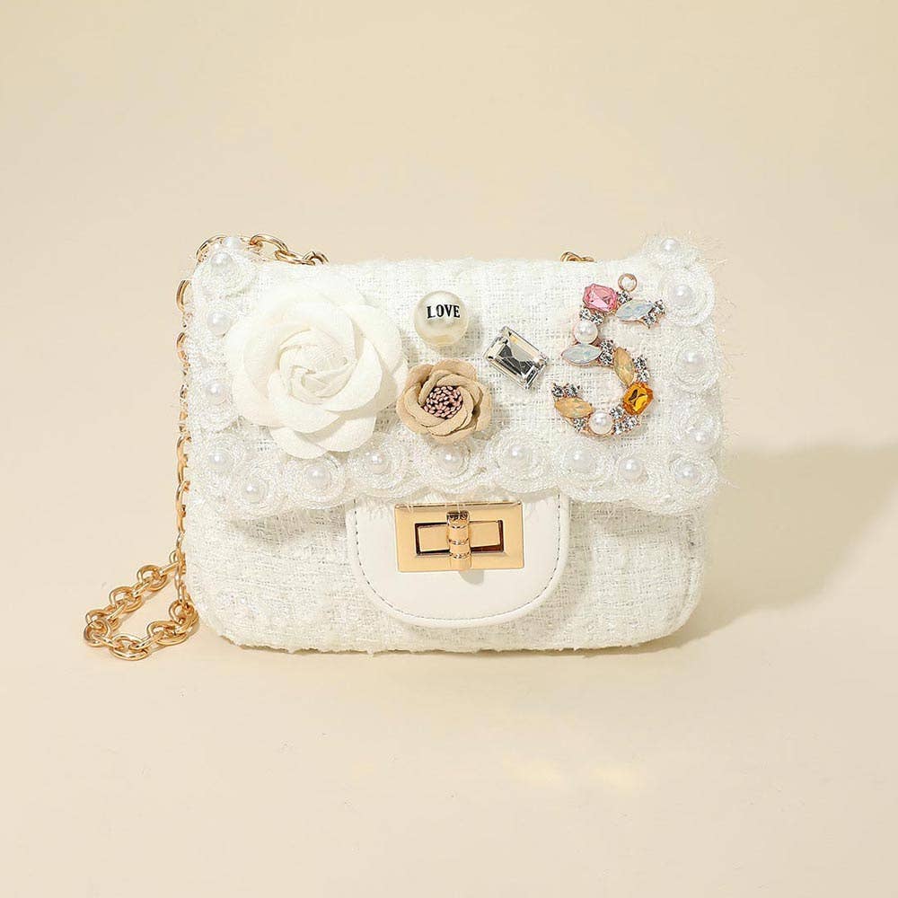 Sensibling Corp. - Wholesale Crossbody Bag - Women's - Floral Pearl Stone Cluster Embellished Tweed Mini Handbag / Crossbody Bag10