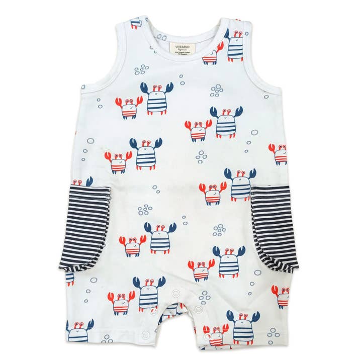 Nautical Crab Side Pocket Baby Romper (Organic Jersey) for wholesale by Viverano Organics