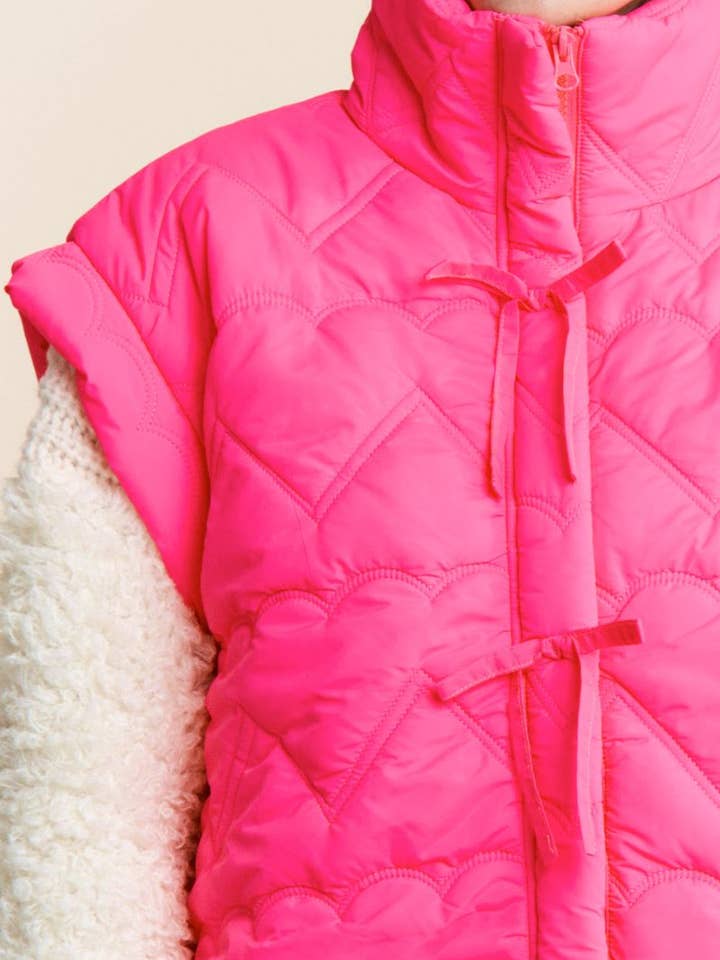 Hot Pink Heart Quilt Stitch Bow Details Zipper Puffer Vest for wholesale on Faire