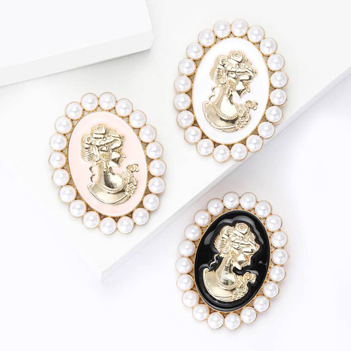 Classic Lady Cameo Brooch, Pearl Trim Pin Accessory for wholesale by Tourtiwi