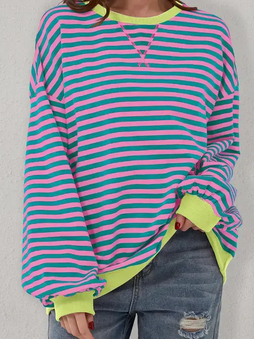 Lovesoft - Wholesale Sweatshirt - Women's - Trendy Oversized Striped Sweatshirt with Bold Trim0