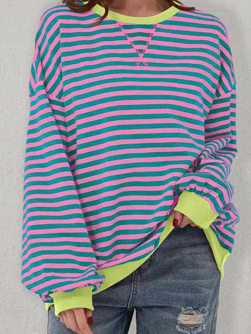 Lovesoft - Wholesale Sweatshirt - Women's - Trendy Oversized Striped Sweatshirt with Bold Trim