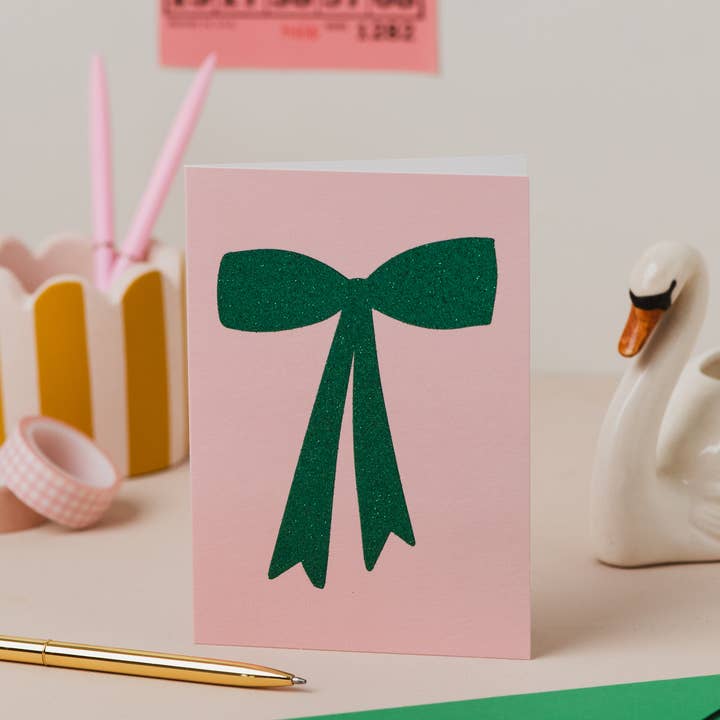 Green Bow Card with Biodegradable Glitter - Graphic Card for wholesale by Oh Squirrel