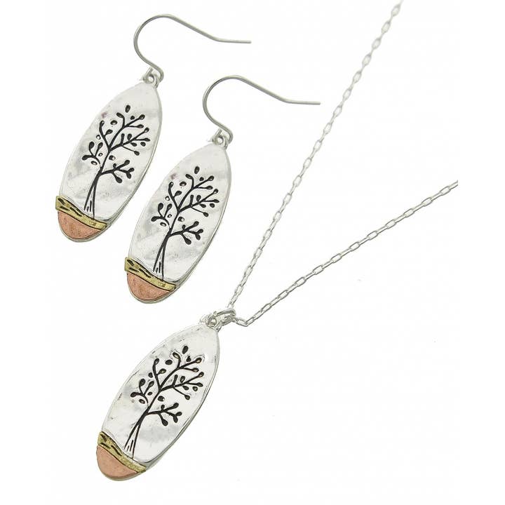 0011 PREMIERE - Wholesale Jewelry Set - FR5922 Antique Silver Tree of Life Tri-Tone Metal Oval Set