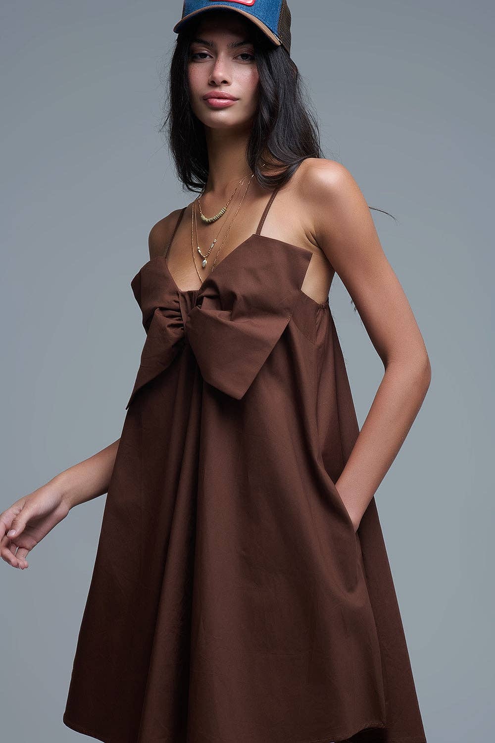 Brown poplin mini dress with a big bow detail for wholesale on Faire1
