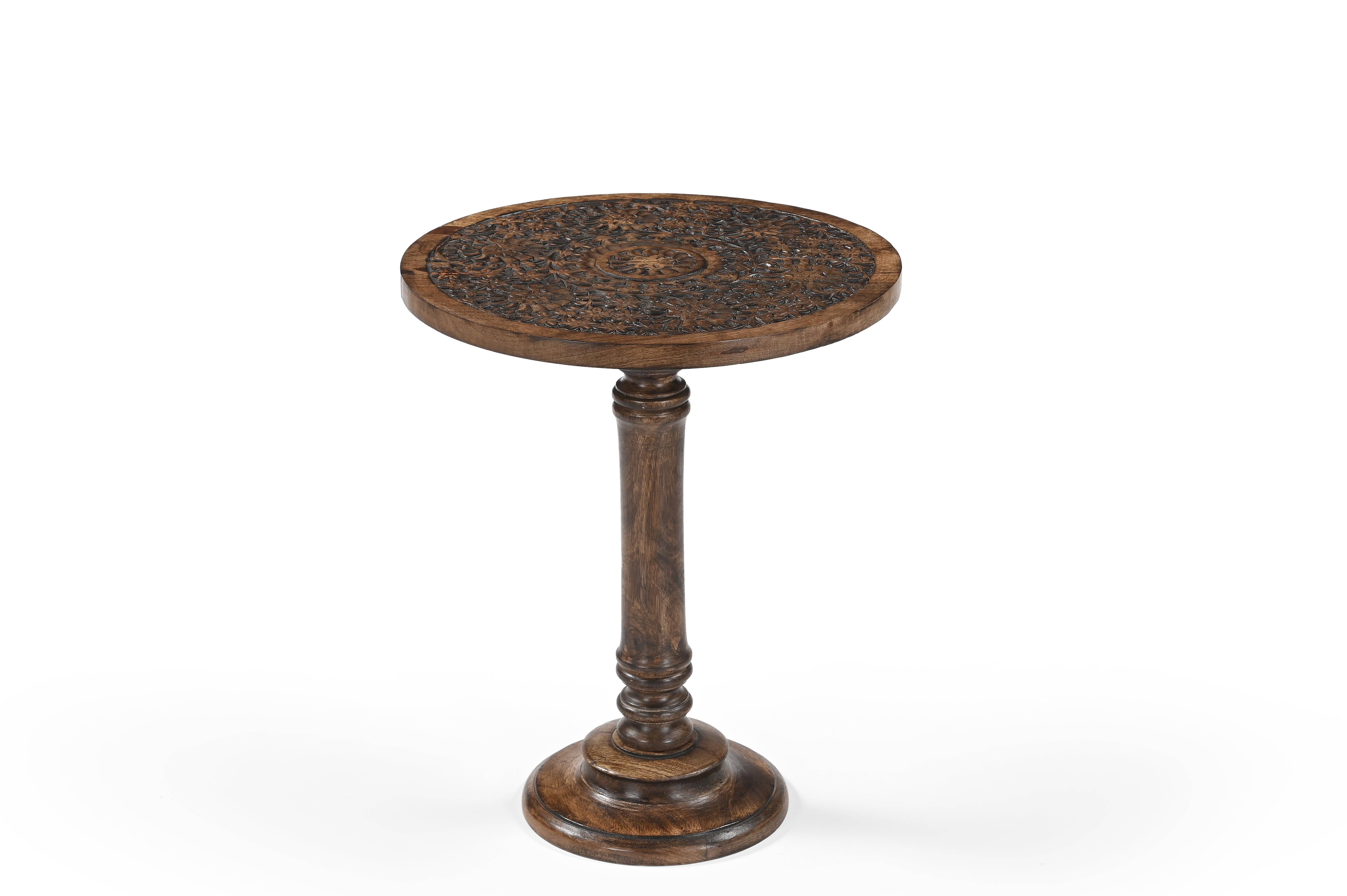 iAnanas - Wholesale Side Table - iAnanas Antique Brown Hand-Carved Round Side Table with Embellishments – Mango Wood1