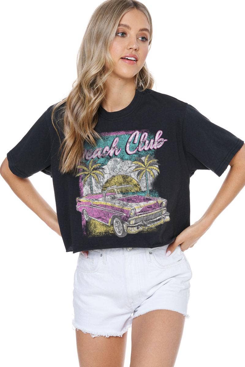 Zutter - Wholesale Screen Printed T-Shirt - Women's - Beach Club Vintage Graphic S/S Faux Cropped Tee4
