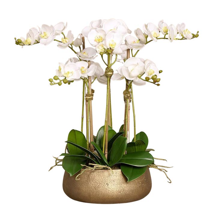 Vivian Rose LLC - Wholesale Artificial Flowers - Faux white orchid arrangement in matte gold planter3