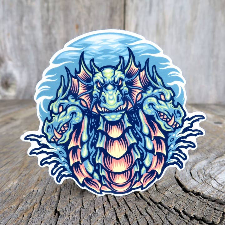 Three Headed Green Water Dragon Sticker Waterproof Color Fantasy Lover Water Bottle Sticker for wholesale by Kirk's Krafts