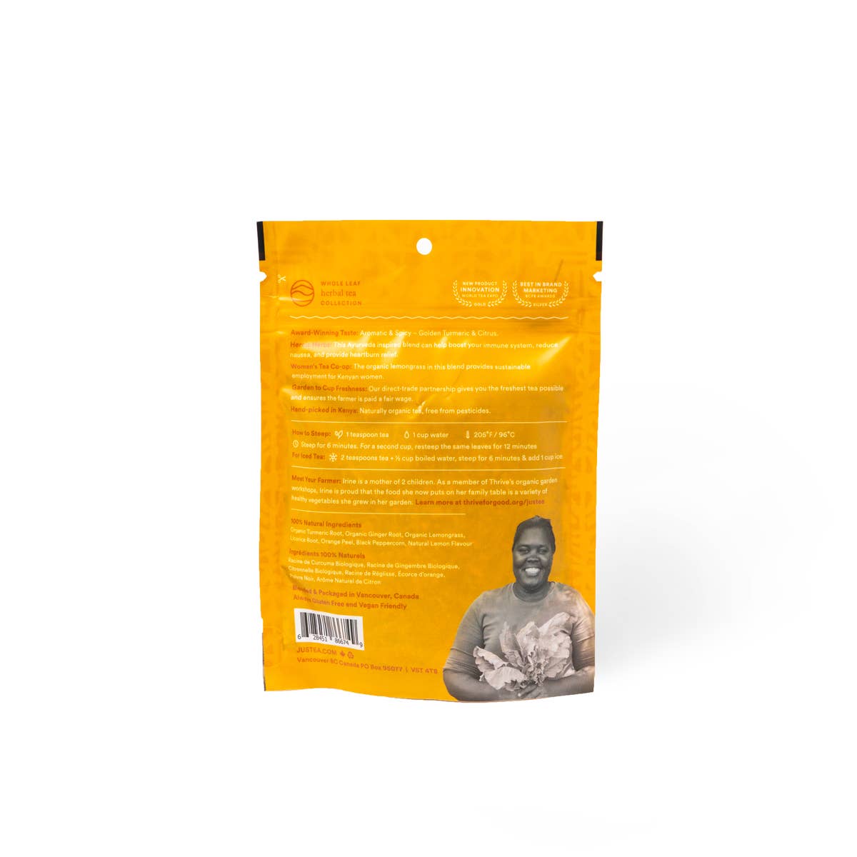 JusTea (No Import Fees to USA) - Wholesale Loose Tea - Turmeric Ginger Stand-up Pouch - Fair-Trade Herbal Tea1