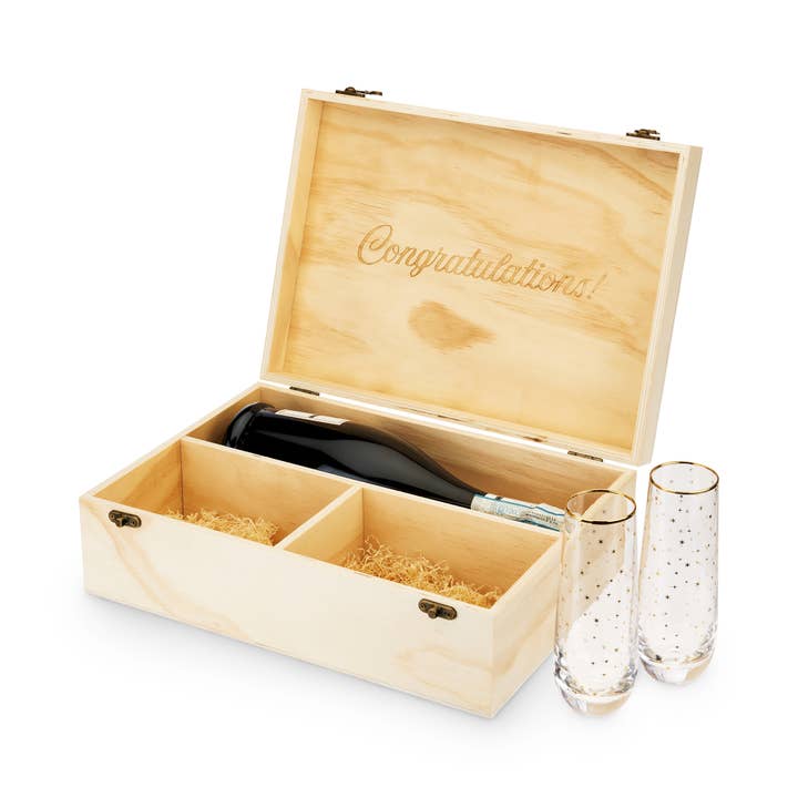 Twine - Wholesale Gift Box - Wood Champagne Gift Box w/ 2 Stemless Flutes - "Congrats"