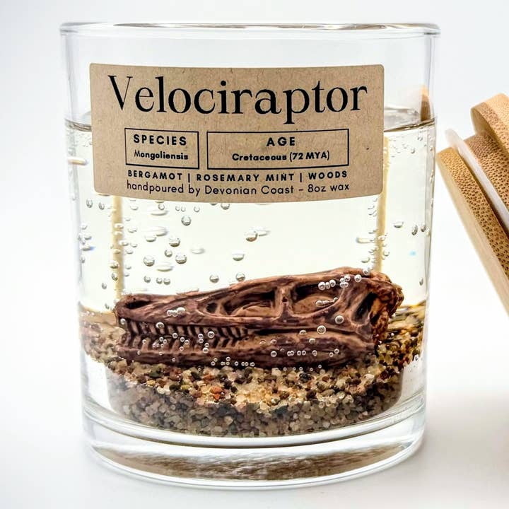 Velociraptor Dinosaur Clear Gel Candle for wholesale by Devonian Coast