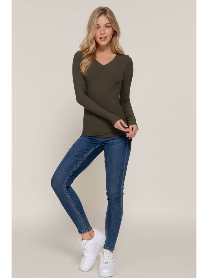 Active Basic | Active USA – Top de malha - Mulher por atacado – Top de malha de manga comprida com decote em V em Rayon 16