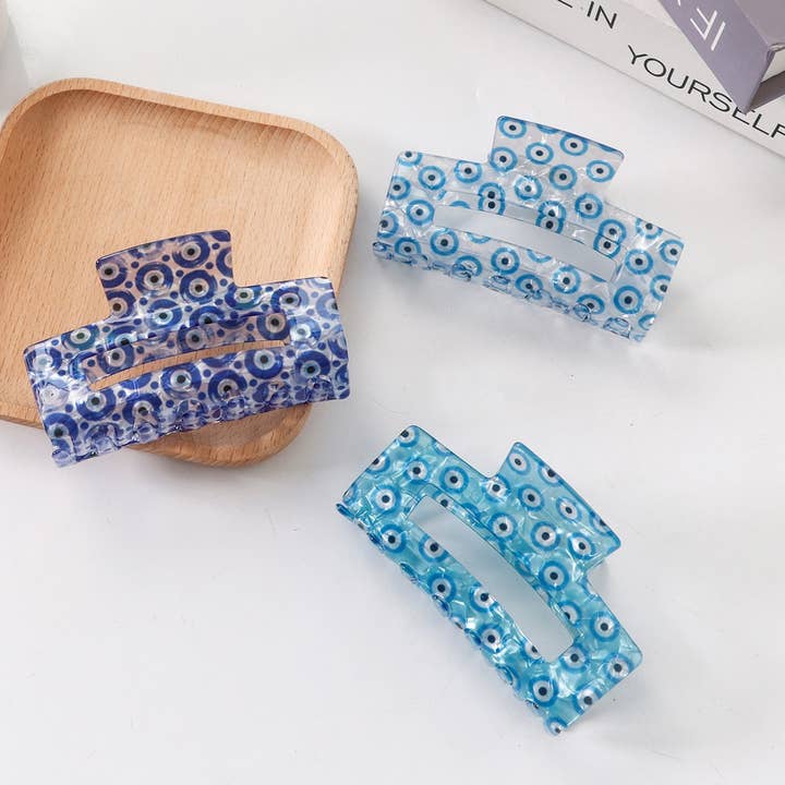 NINEXIS - Wholesale Hair Clip - Women's - CWAHA1612_RECTANGULAR PRINT BLUE SERIES HAIR CLAW CLIP