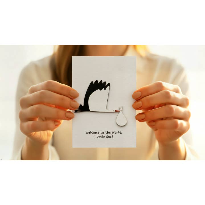 PESKOVOI - Wholesale Baby Card - 3D Wooden Stork Baby Card – Handmade "Welcome to the World"1