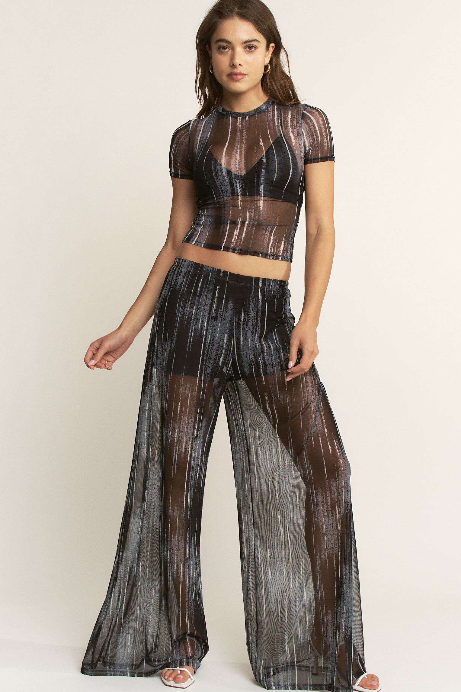 YNEZ - Wholesale Pants - Women's - Vibrant Stripe Print Sheer Wide Leg Cocktail Going Out Pant32