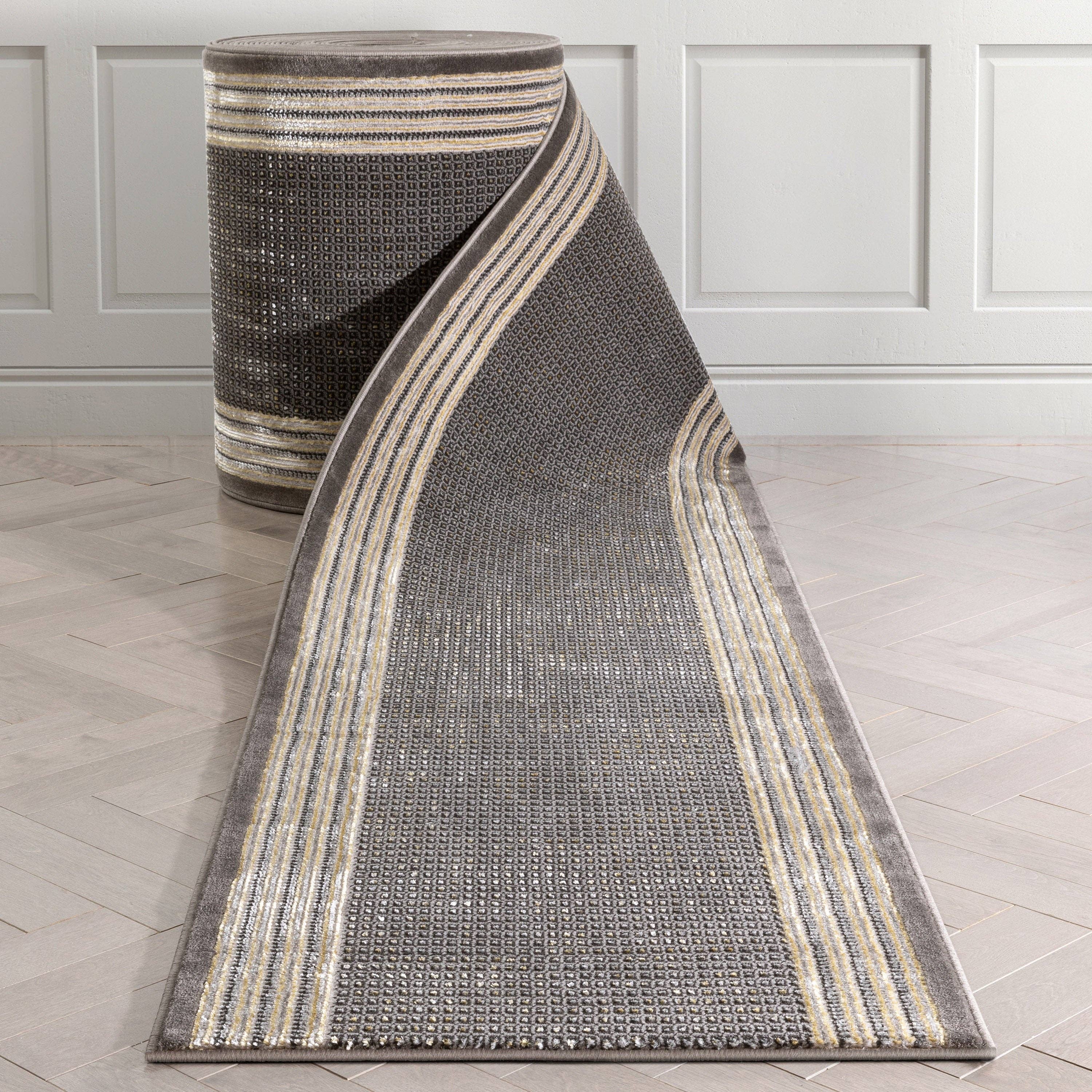 Well Woven - Wholesale Runner Rug - Custom Size Runner Waylon Retro Border Solid & Striped Grey0