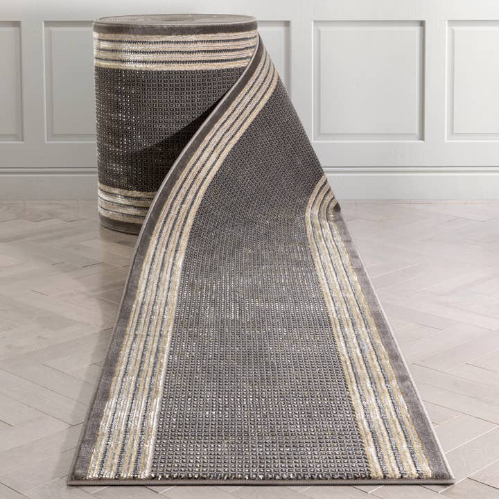 Well Woven - Wholesale Runner Rug - Custom Size Runner Waylon Retro Border Solid & Striped Grey