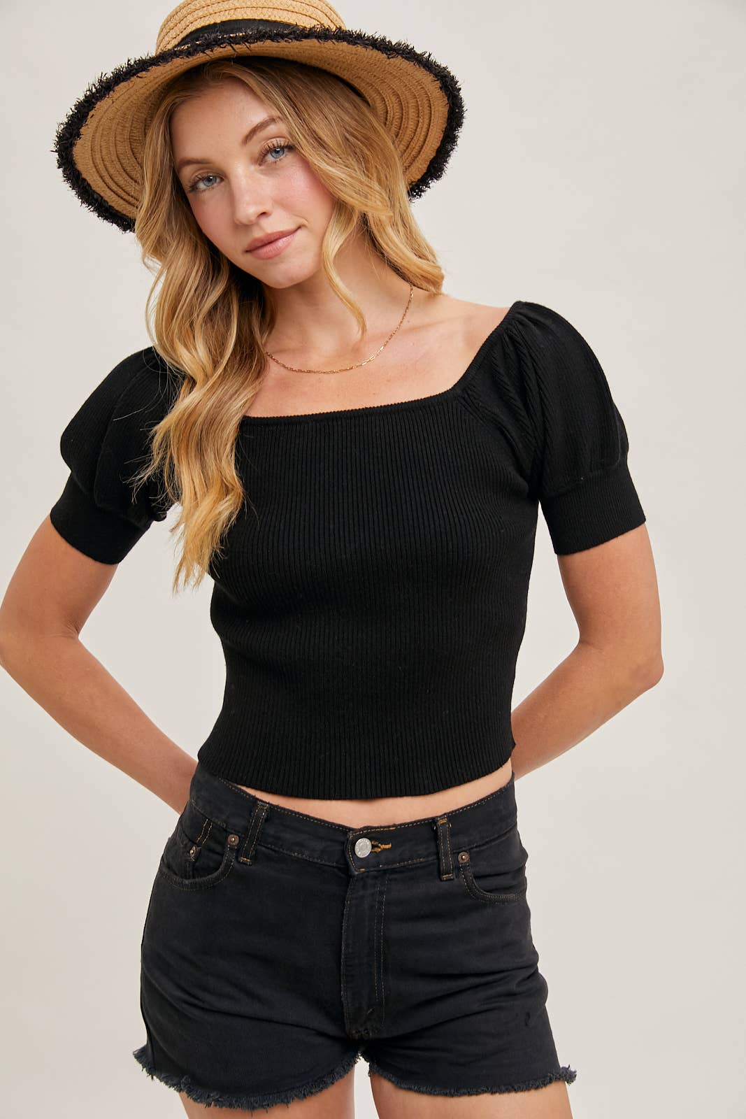 Peace Love Line - Wholesale Knit Top - Women's - PL6267 - SQAURE NECK PUFF SLEEVED KNIT TOP1