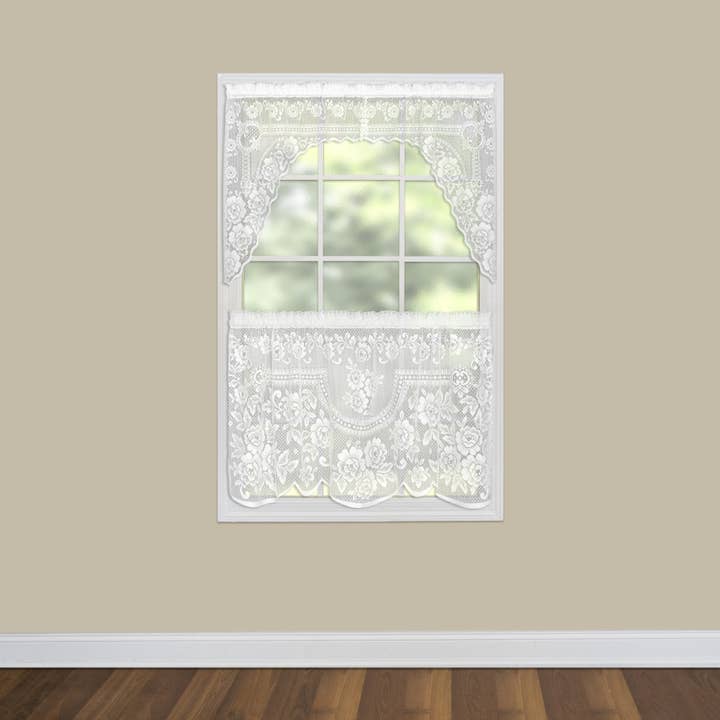 Heritage Lace - Wholesale Curtain - Victorian Rose 72x38 Sheer Lace Swag Pair Curtain Ecru