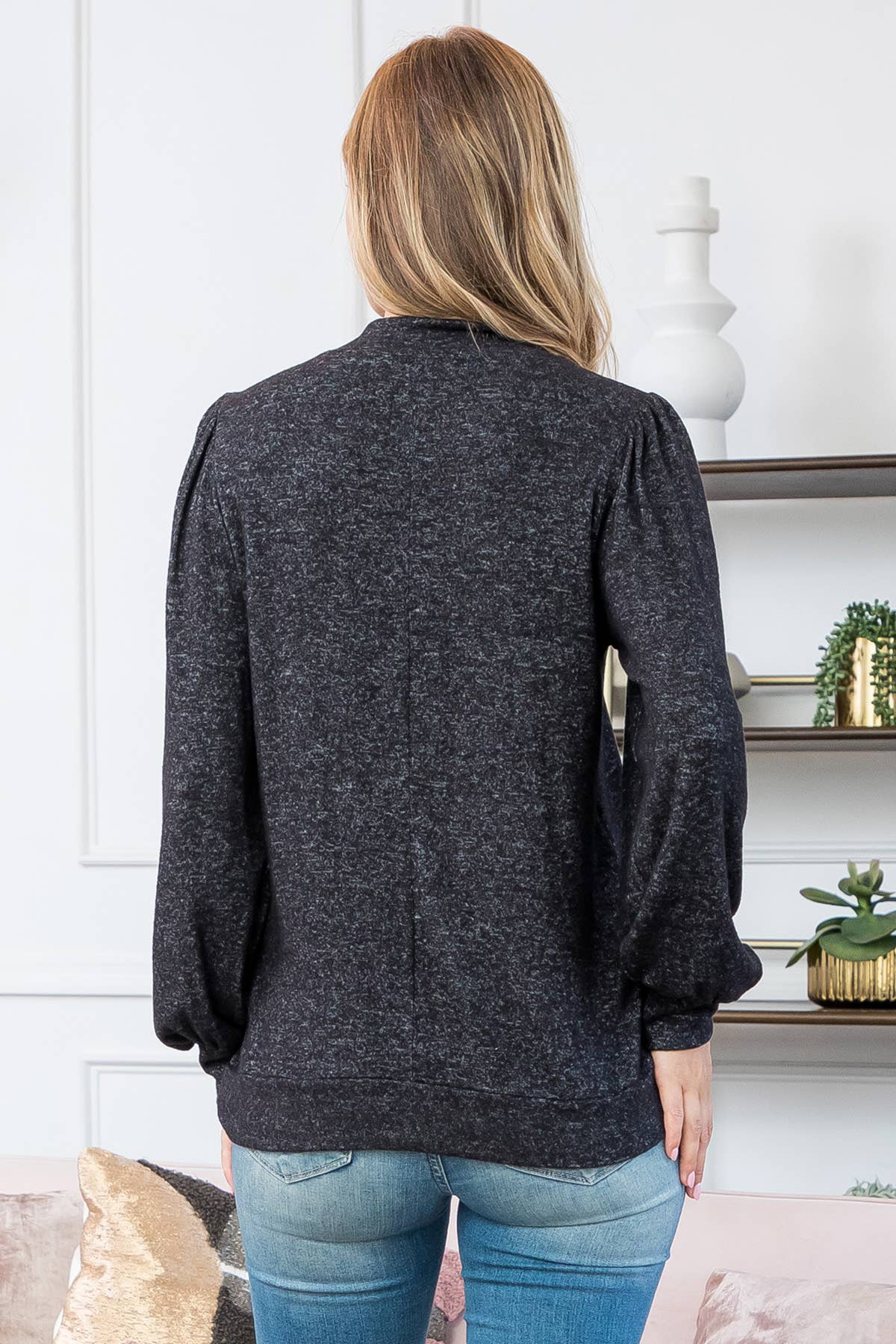 You & Me - Vente Haut en maille – femme - VENTE ! ! ! PPT21143 - HAUT À MANCHES BOUFFANTES À COL ROND - ANTHRACITE1