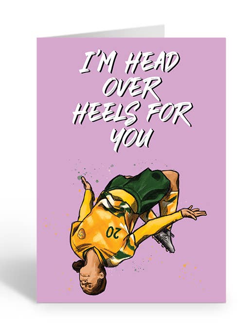 HEAD OVER HEELS SAM KERR Greeting Card for wholesale by Two Brides Presents