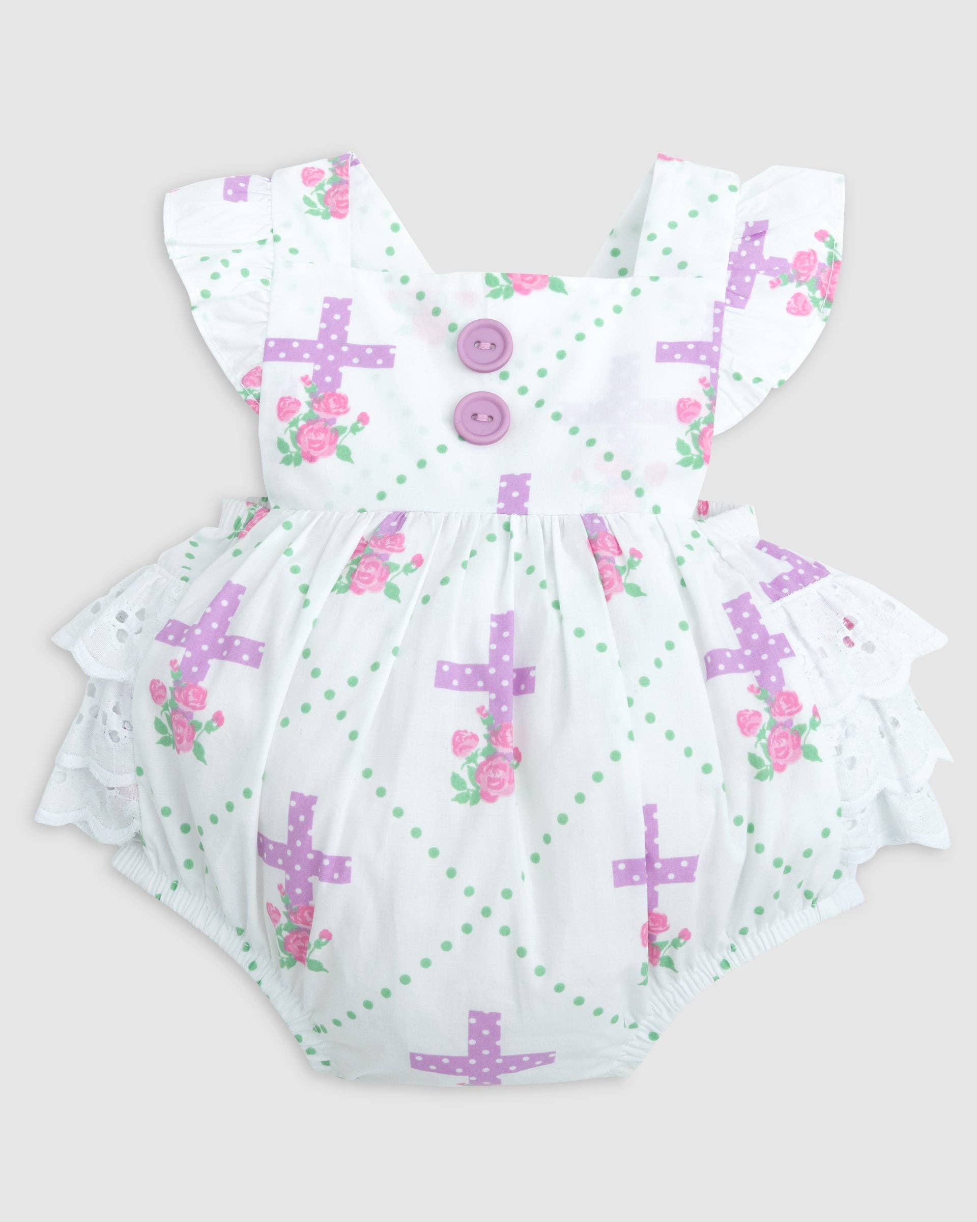 Posh Pickle – wholesale Bodysuit (non-footed) – Baby – Grace Cross Print Eyelet Ruffled Bubble9