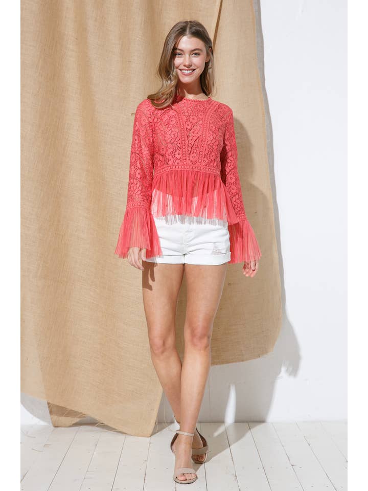 SUGAR CORAL 31767T - Lace Chiffon Contrast Accordion Pleated Blouse for wholesale on Faire3