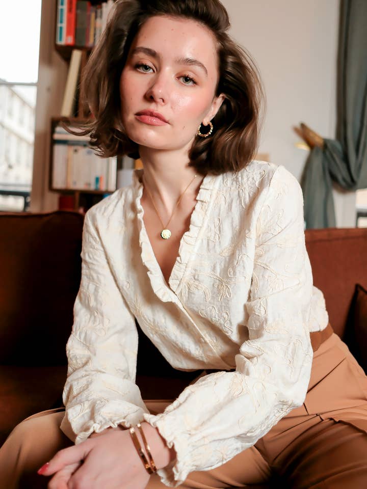 White Embroidered V-neck ruffled blouse - 4861T-GWENDOLYN for wholesale on Faire2