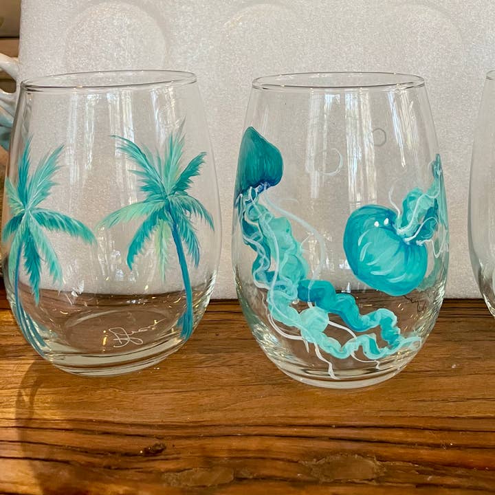 Paula Freeman Art - Vente Verres à vin - Verre à vin peint à la main TROPICAL SET – Verrerie côtière7