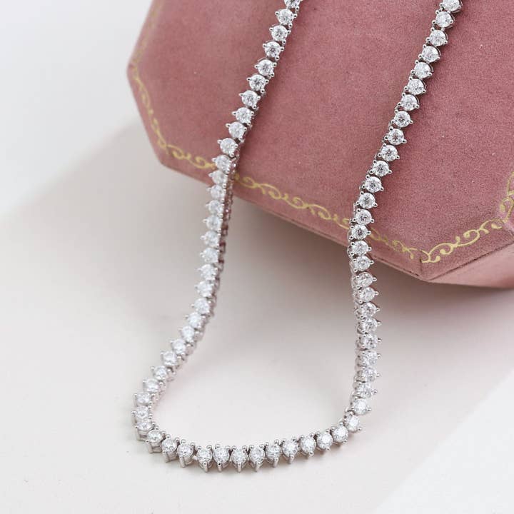 Classic 3-Prong Moissanite Tennis Necklace - Gold Plated Sterling Silver for wholesale by Ellison+Young