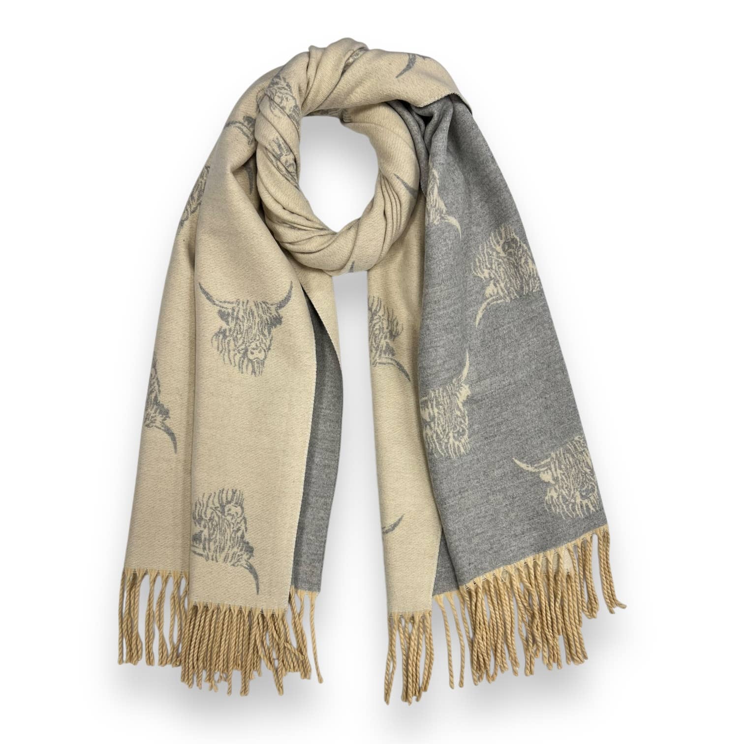 London Scarves - Wholesale Scarf - Women's - Highland cows on cashmere blend scarf finished with tassels6