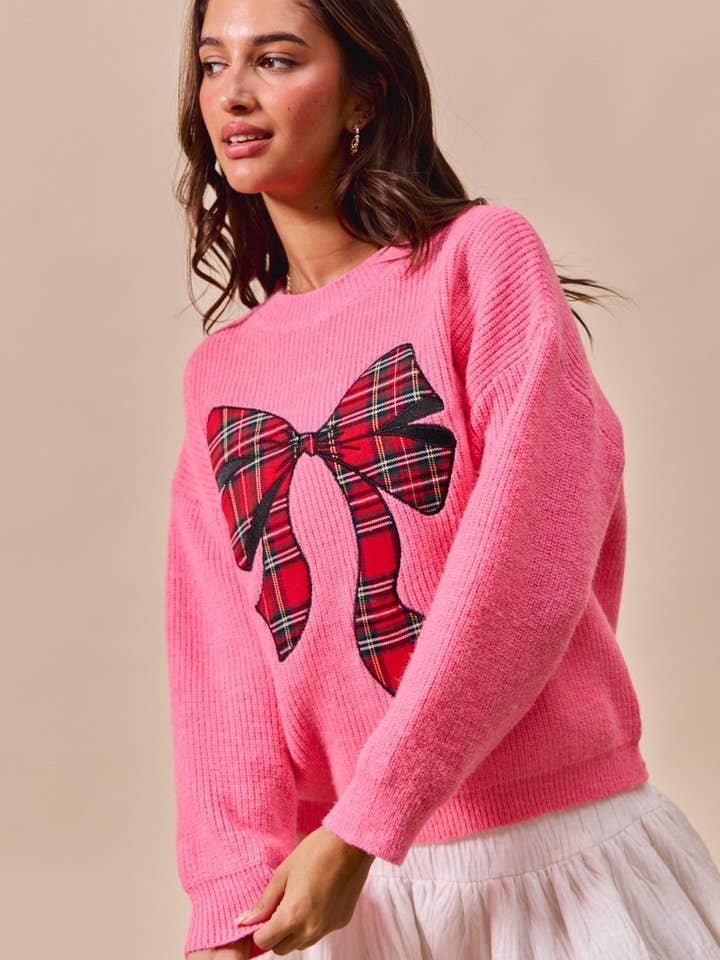 IVE - Wholesale Knit Sweater - Women's - Checker Plaid Ribbon Christmas Holiday Sweater Top15