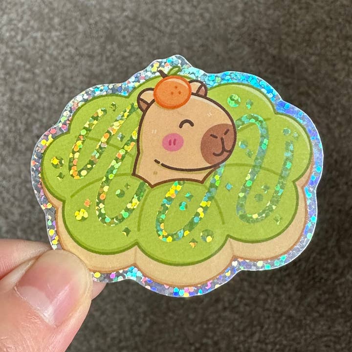 Capybara Mochi Donut Glitter Die Cut Sticker for wholesale by Cute Stickers Only