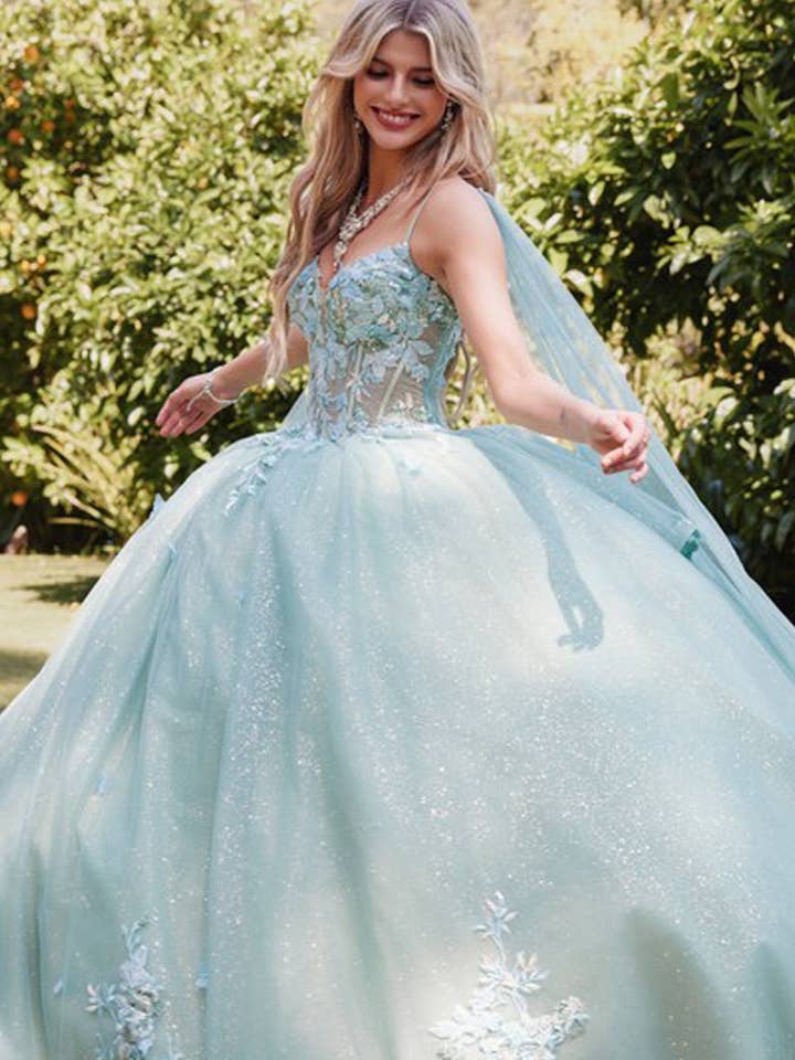 SAGE GREEN 3D Multi Floral Applique Cap Sleeve Long Quinceanera Dress JTJT1466H for wholesale on Faire1