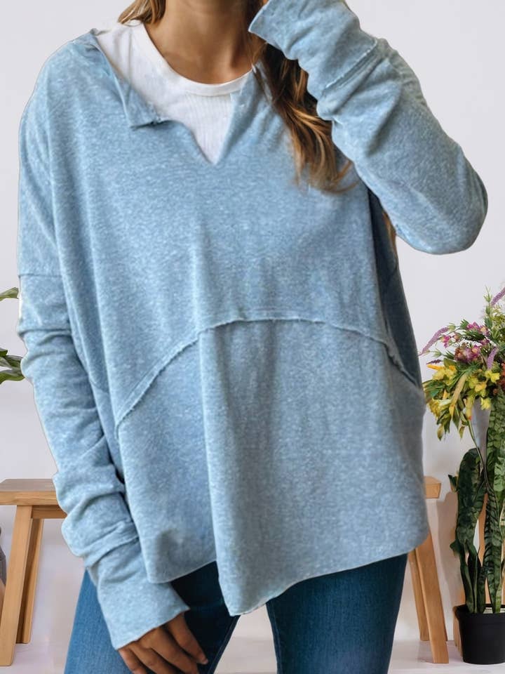 Notched Neck Terry Raw Hem Long Sleeve Top (S-XL) for wholesale by 66DISCO