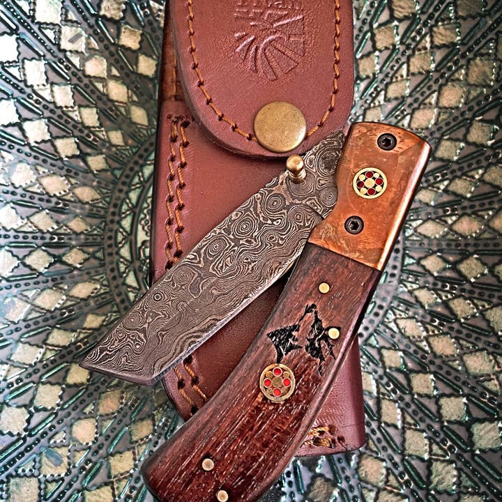 Titan International - Wholesale Pocket Knife/Holder - Damascus Steel Folding Knife Tanto Blade Engraved Walnut Handle and Copper Bolster Titan Pocket Samurai X TF-012
