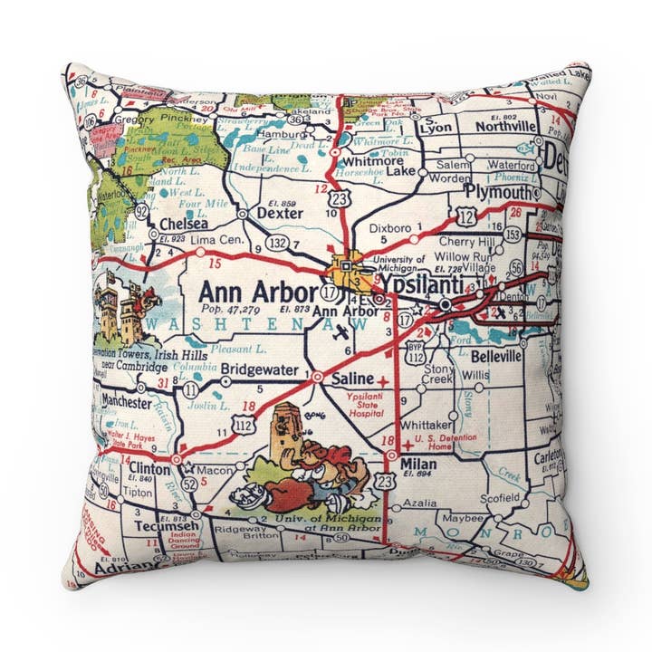 Coussin Carte d'Ann Arbor Michigan – Coussin Carré 18" pour la vente par Daisy Mae Designs